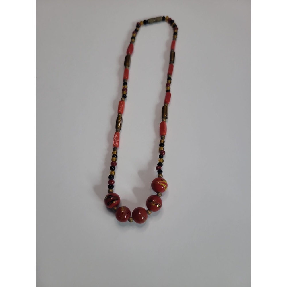 Red Yellow Black Beaded Necklace Floral Round Beads Vintage Style - Picture 10 of 11